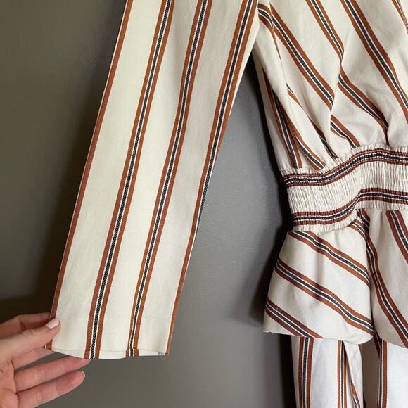 Maje Ieni Romper Size Medium Cream Bronze Striped Peplum One Piece Long Sleeve - Picture 11 of 16